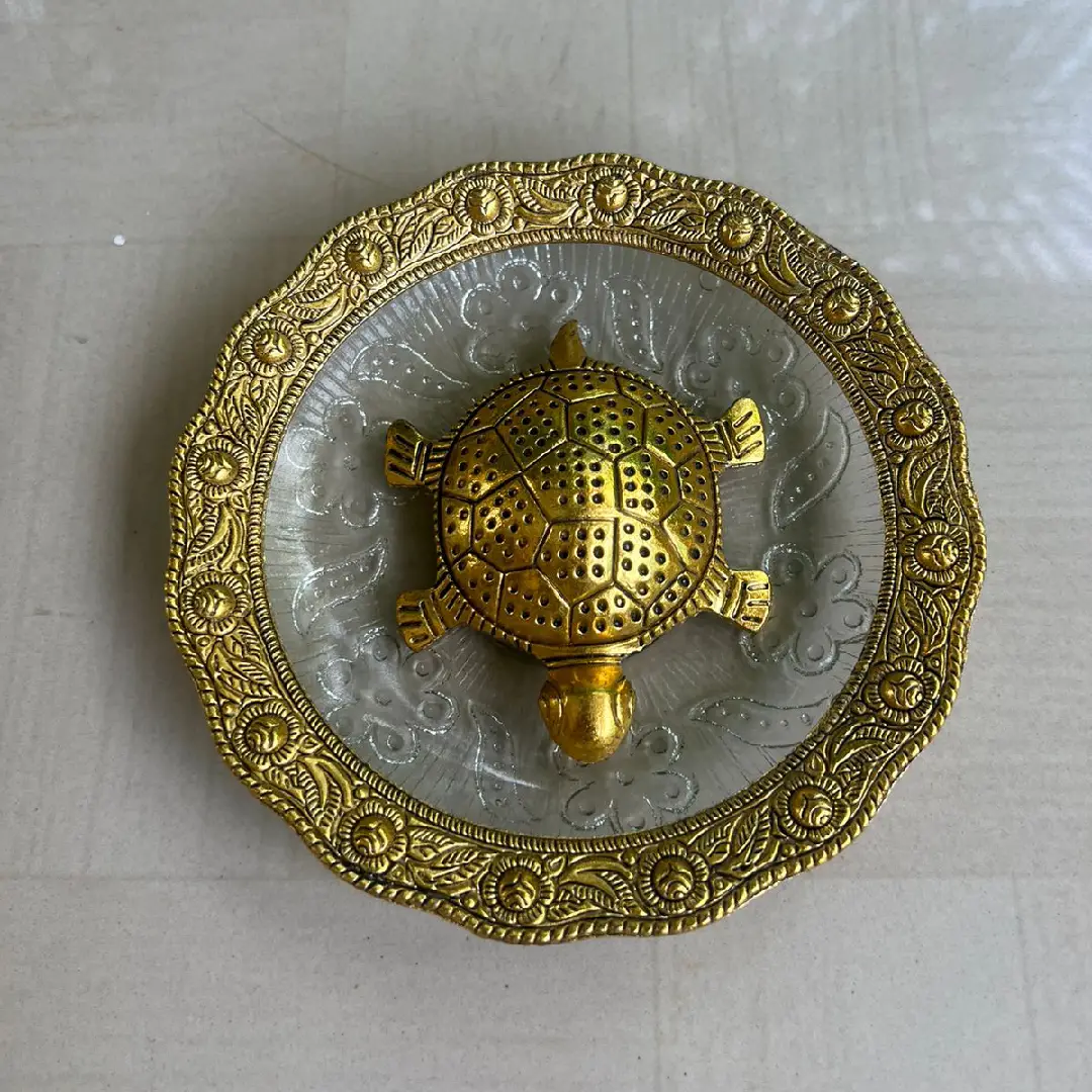 Feng Shui Brass Tortoise on a Glass Plate